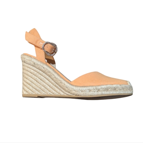 Stuart Weitzman Women's Crystal Buckle Espadrille Wedge Pumps Mango Size 7.5 - Picture 5 of 9